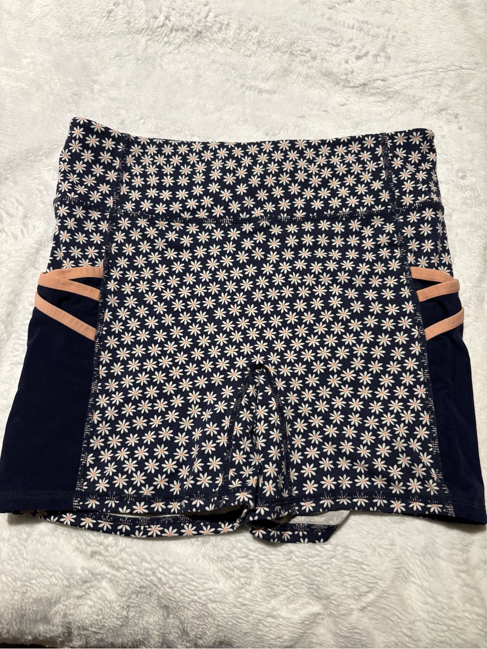 Fabletics Navy Daisy Print Women’s Athletic Shorts with Peach Accent - Size M